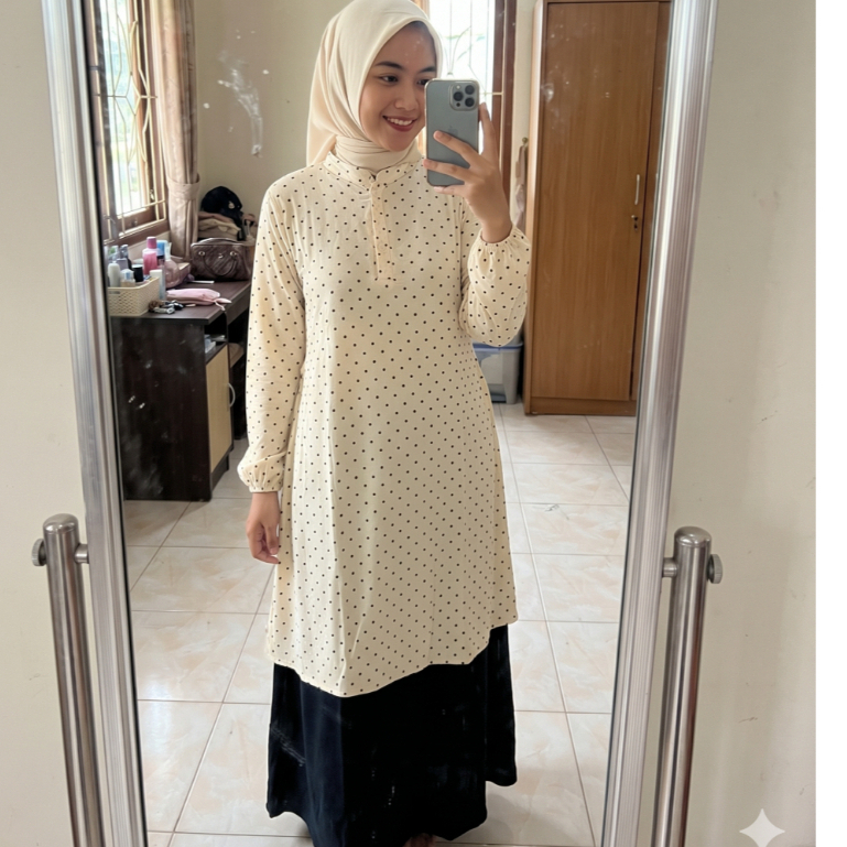 Gamis Malaysia Terbaru 2026 Rayon Motif Polkadot Premium Busui Friendly