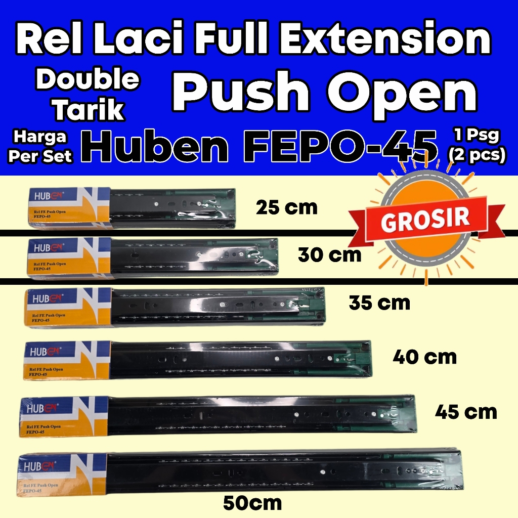 Rel Laci Huben FEPO-45 Push Open 30 cm Grosir Full Extension Double Track Slides Dorong Buka