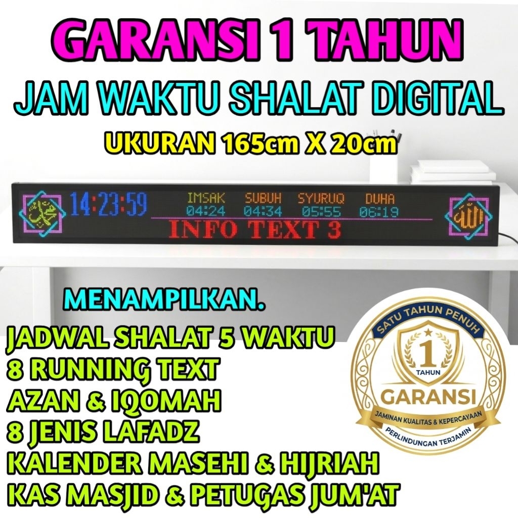 JAM DIGITAL MASJID UKURAN 165cm X 20cm, AUTO TARTIL