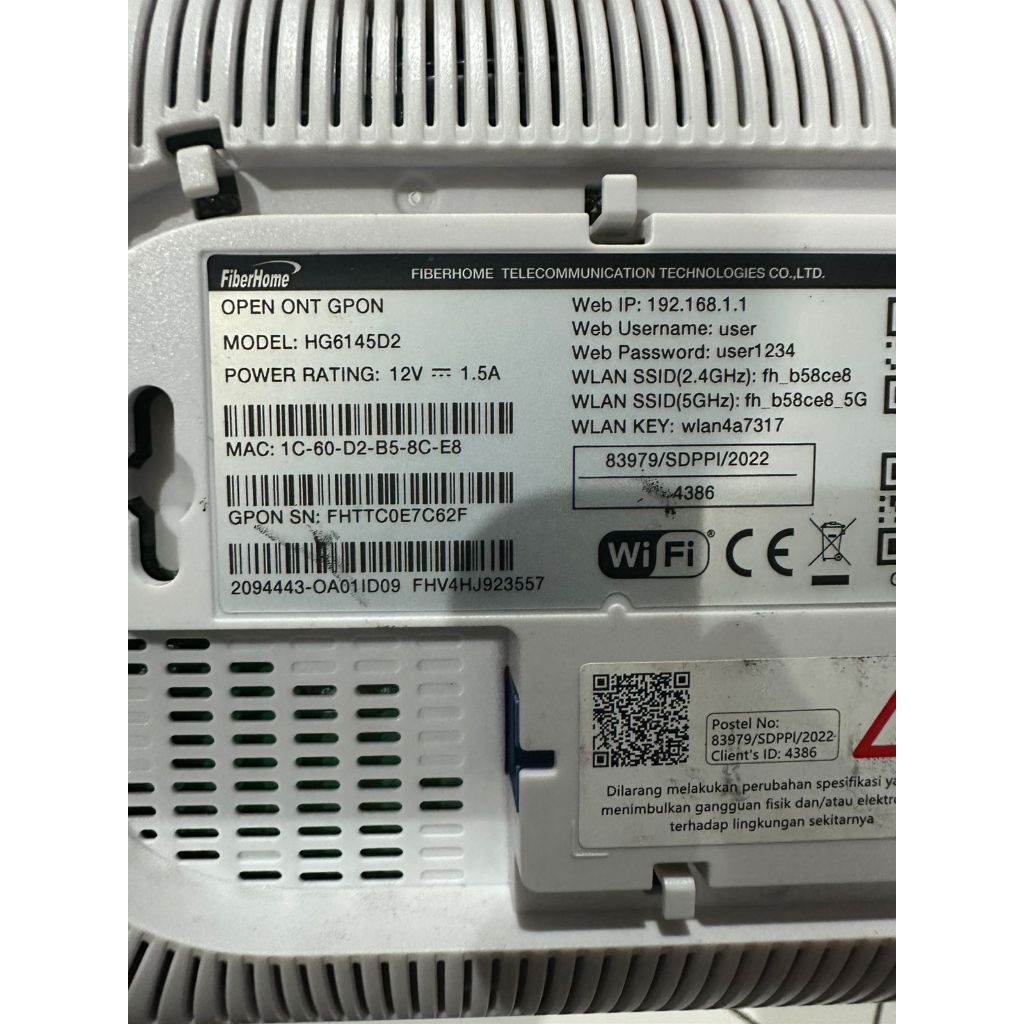 Router FIBERHOME ( HG6145D2-HG6145F1-HG6045F3-HG6145F ) Dualband Port Biru + Adaptor