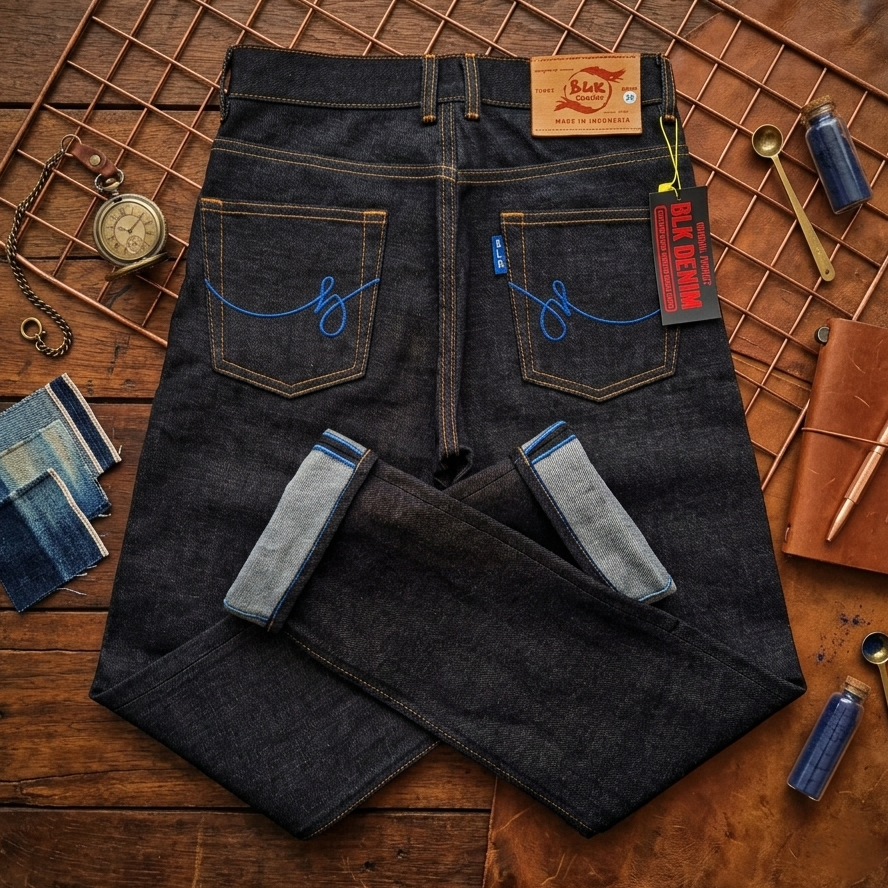BLR DENIM RAW DENIM 15OZ BLACK INDIGO CELANA DENIM SELVEDGE ACCENT / RAW DENIM JEANS PRIA SELVEDGE