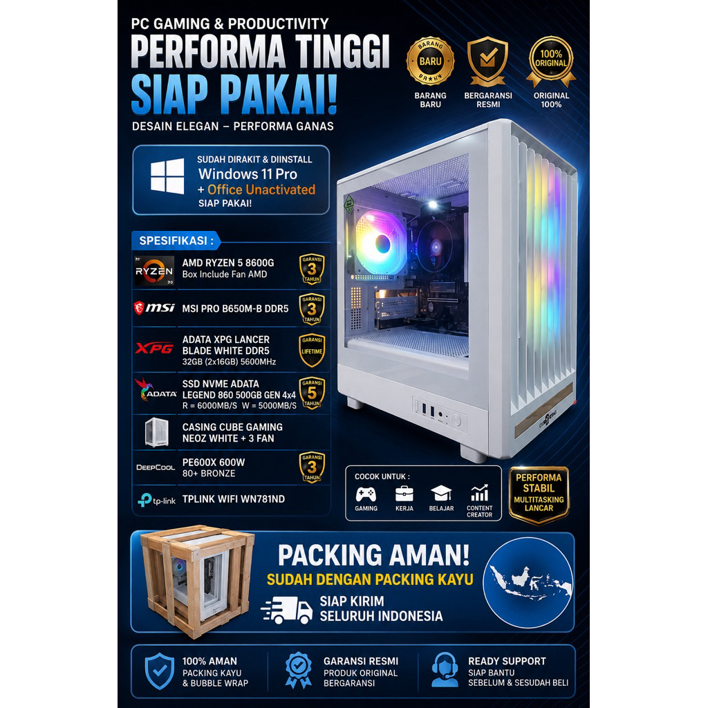 Rakitan PC Gaming AMD RYZEN 5 8600G RAM DDR5 32GB Siap Pakai