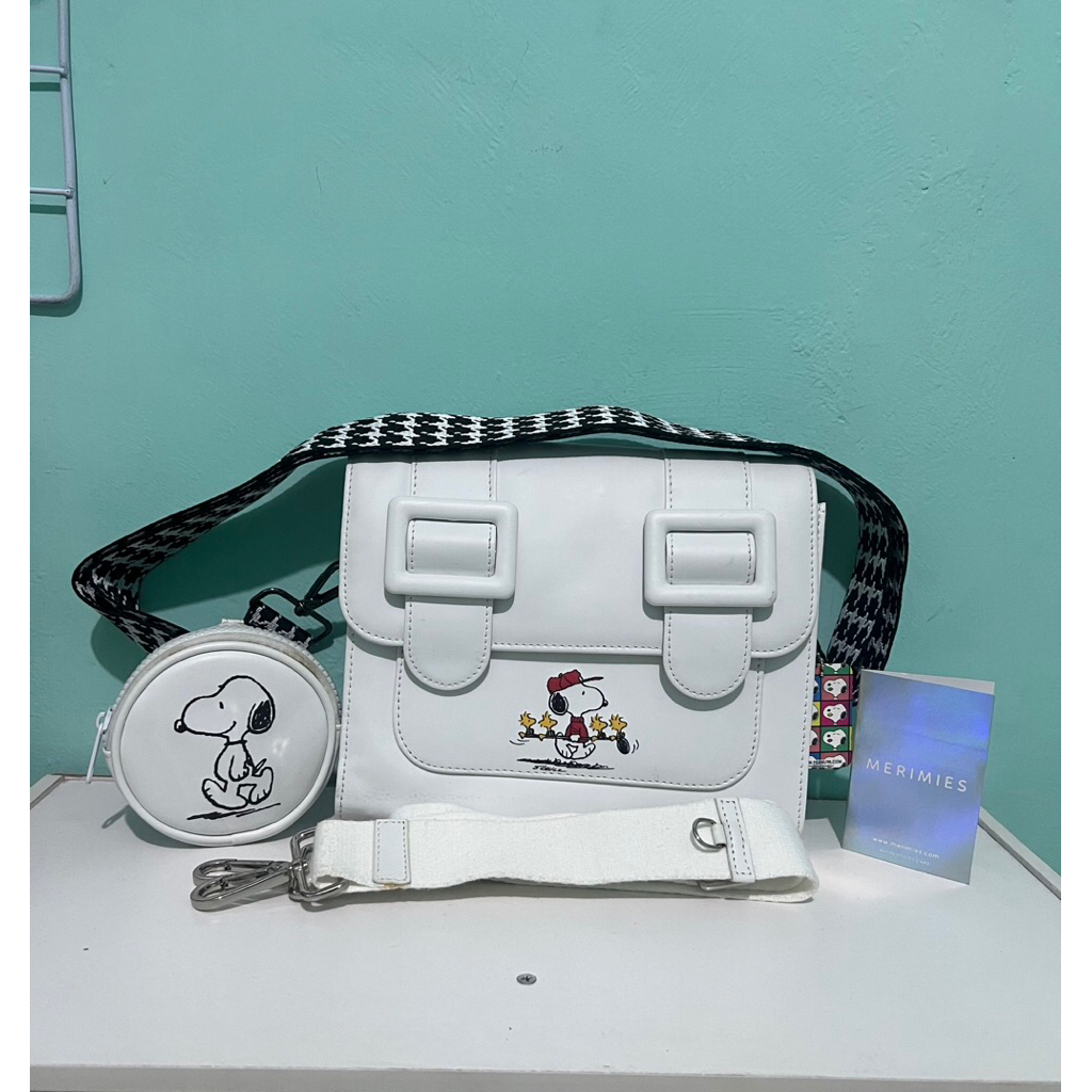 Tas Merimies X snoppy original with card sling bang snoppy putih with dompet koin