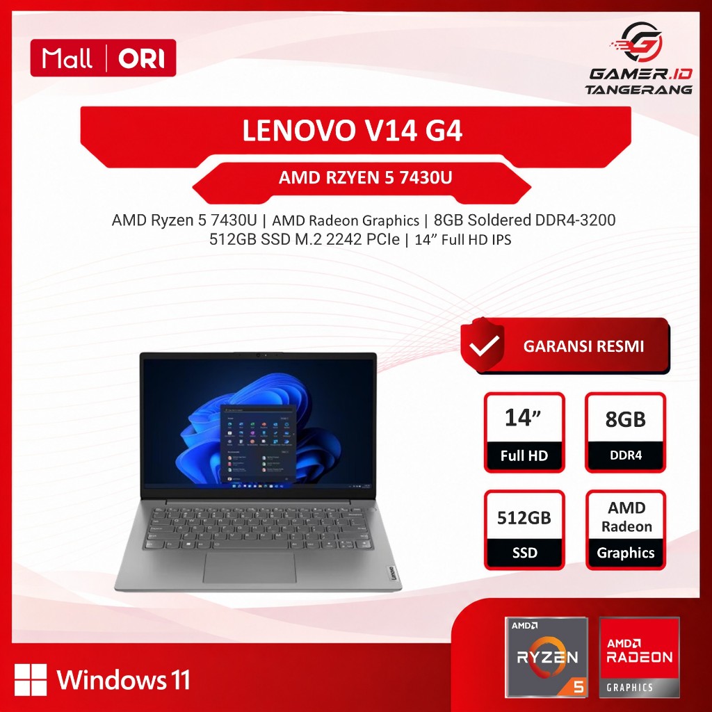 Lenovo V14 Ryzen 5 7430 ram 8gb 512gb Windows 11 + free office 14.0 Fhd