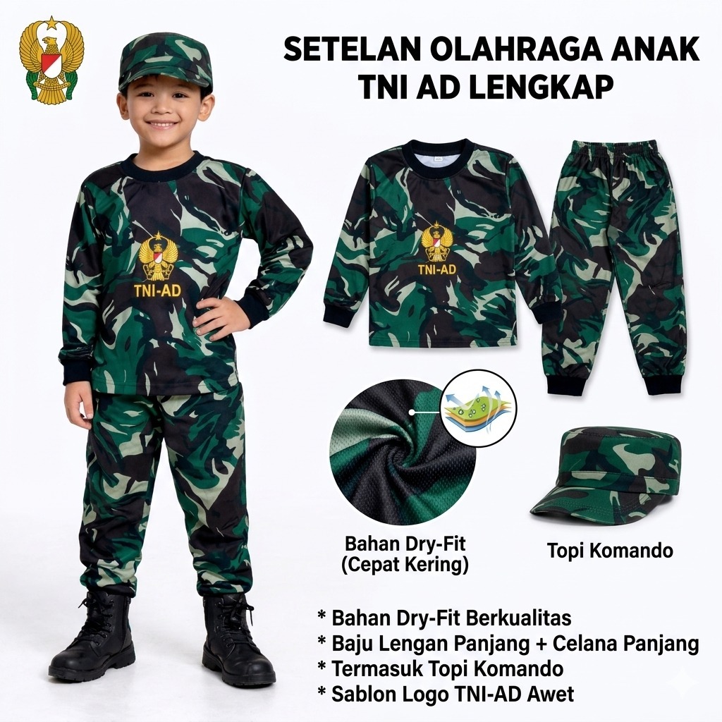Setelan Baju Loreng TNI-AD Anak Bahan Dry-Fit Premium + Topi Komando - Polos Tanpa Logo Belakang