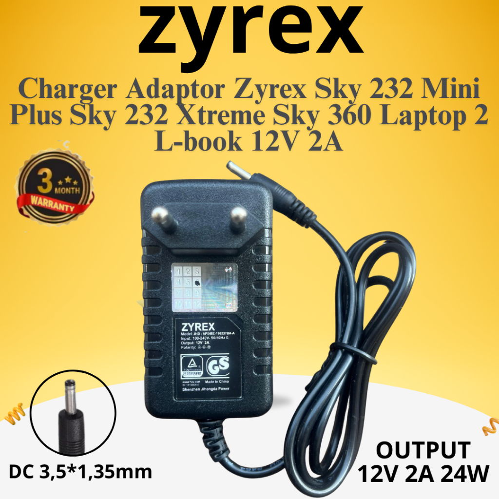 Charger Adaptor Zyrex Sky 232 Mini Plus Sky 232 Xtreme Sky 360 Laptop 2 L-book 12V 2A JACK 3,5MM