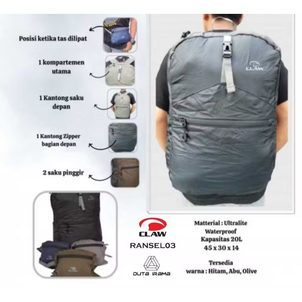 tas lipat 03 claw tas yg bisa di lipat tas punggung ringan daypack 15 liter