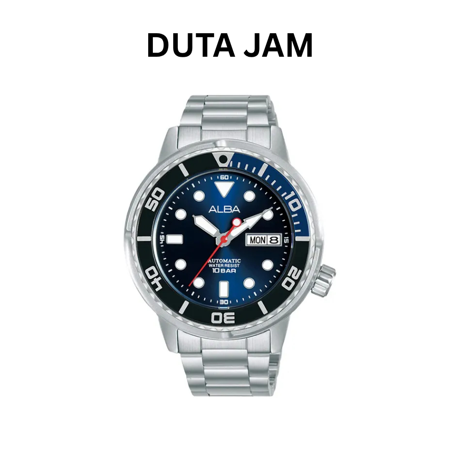 JAM TANGAN PRIA ALBA ACTIVE AL4245 AL4245X AL4245X1 ANALOG AUTOMATIC SILVER BLUE STAINLESS STRAP