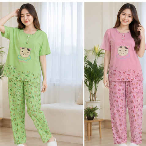 SIE LIE | Setelan Baju Tidur Cewek Kaos Celana Panjang Motif Hewan Polos Size L LD 106cm Kekinian | 