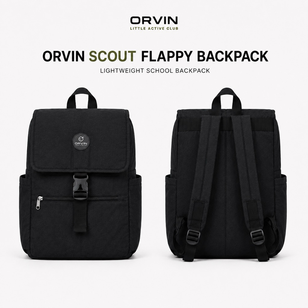 ORVIN Scout Flappy Backpack Tas Sekolah Anak SD SMP Nylon Crinkle Jet Black 12L