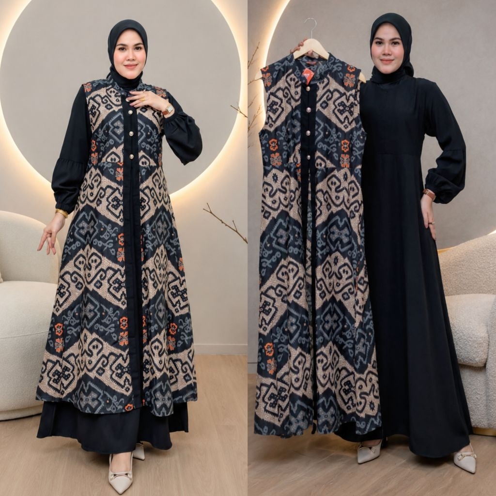 COD Gamis Batik Katun Rompi 2 In 1 Dres Batik Rompi Premium Gamis Batik Kondangan