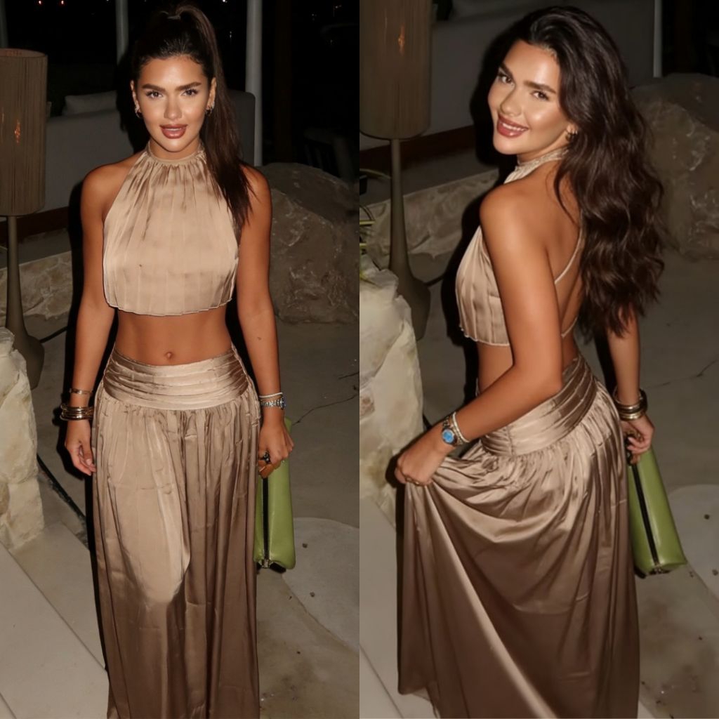 Bhusana Castle 80467 ONE SET beige sexy soft silky halter neck silk crop top + ruched midi skirt / s