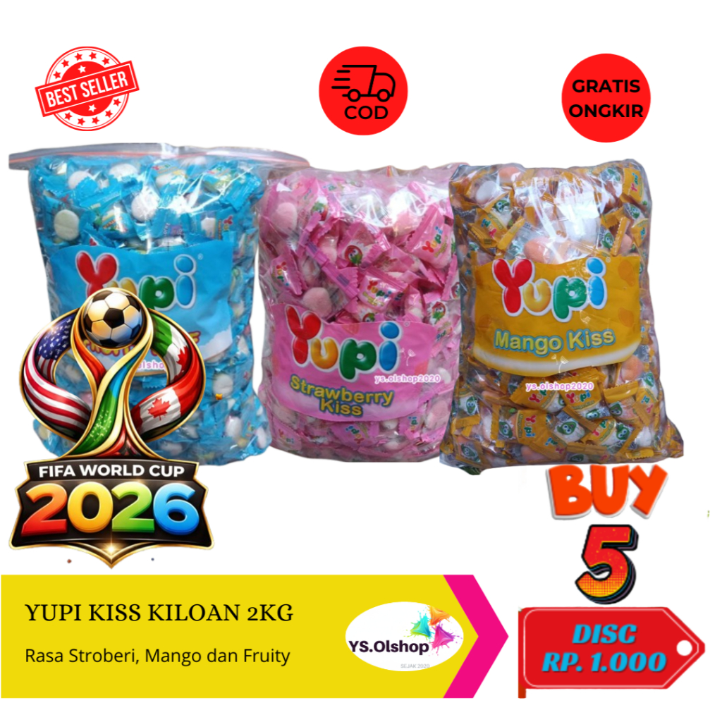 Aneka Yupi 2 KG 2Kg Yupi kiss Strawberry, Mango Kiss & Fruity Puff Kiloan asli Pabrik