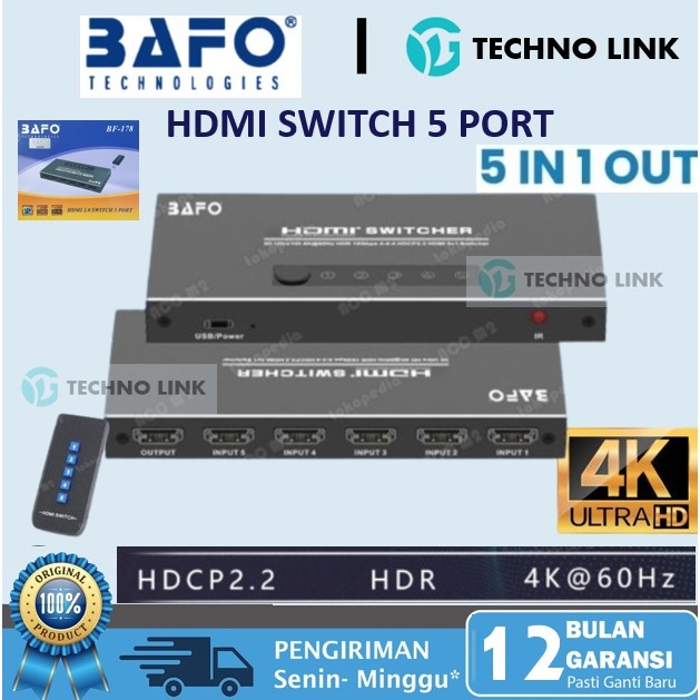 BAFO HDMI Switcher 5 IN 1 OUT 4K Switch HDMI 2.0 ORIGINAL BAFO BF-178