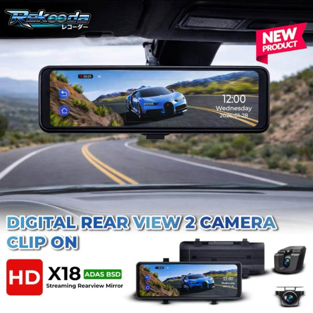 DVR Rekooda Kaca Spion Tengah Dashcam Mobil 4K Dual Camera-OBD