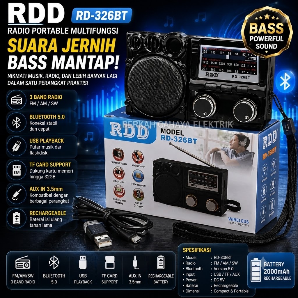 RDD RD-326BT Radio Multifungsi Bluetooth Speaker Portabel FM AM SW USB TF Card + Senter