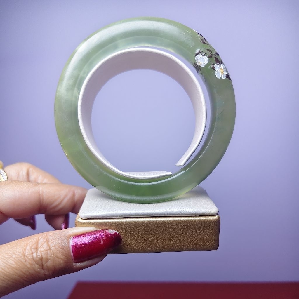 Bangle Giok Xiuyu ( Xiuyan) Hijau Muda Bening Bunga Uk 58,4 mm