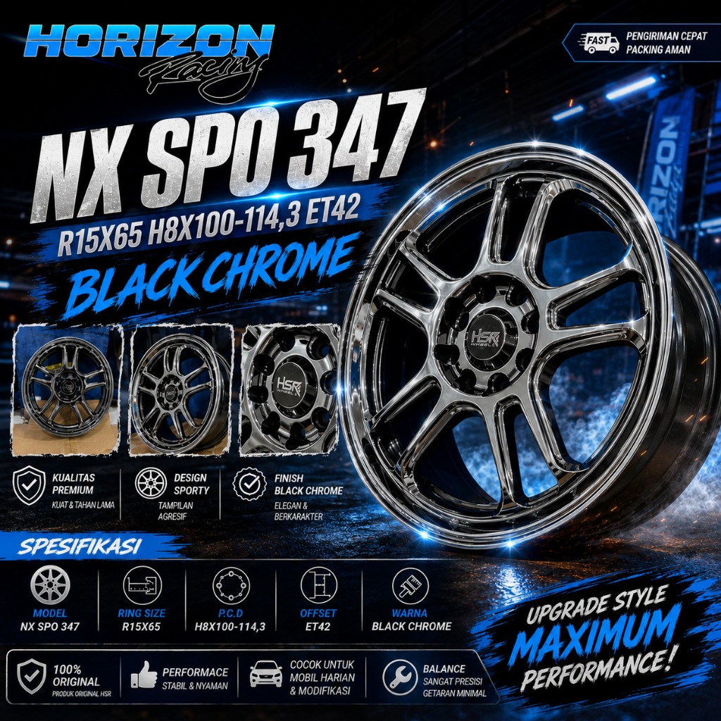 Velg mobil HSR NX SPO R15 BLACK CHROME Lubang baut 4