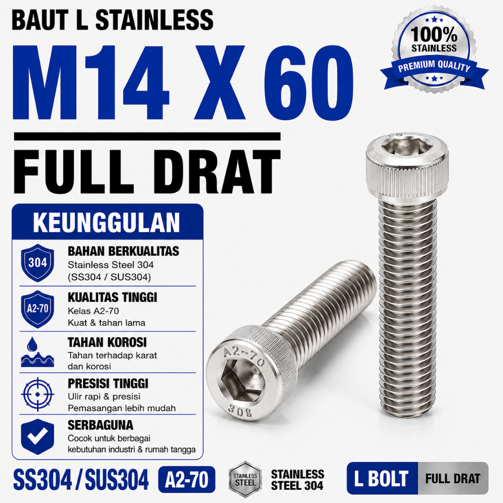 Baut L Stainless M14X60 / 14X60 / M14 X 60 / 14 X 60 Full Drat SS304 / SUS304 / A2-70