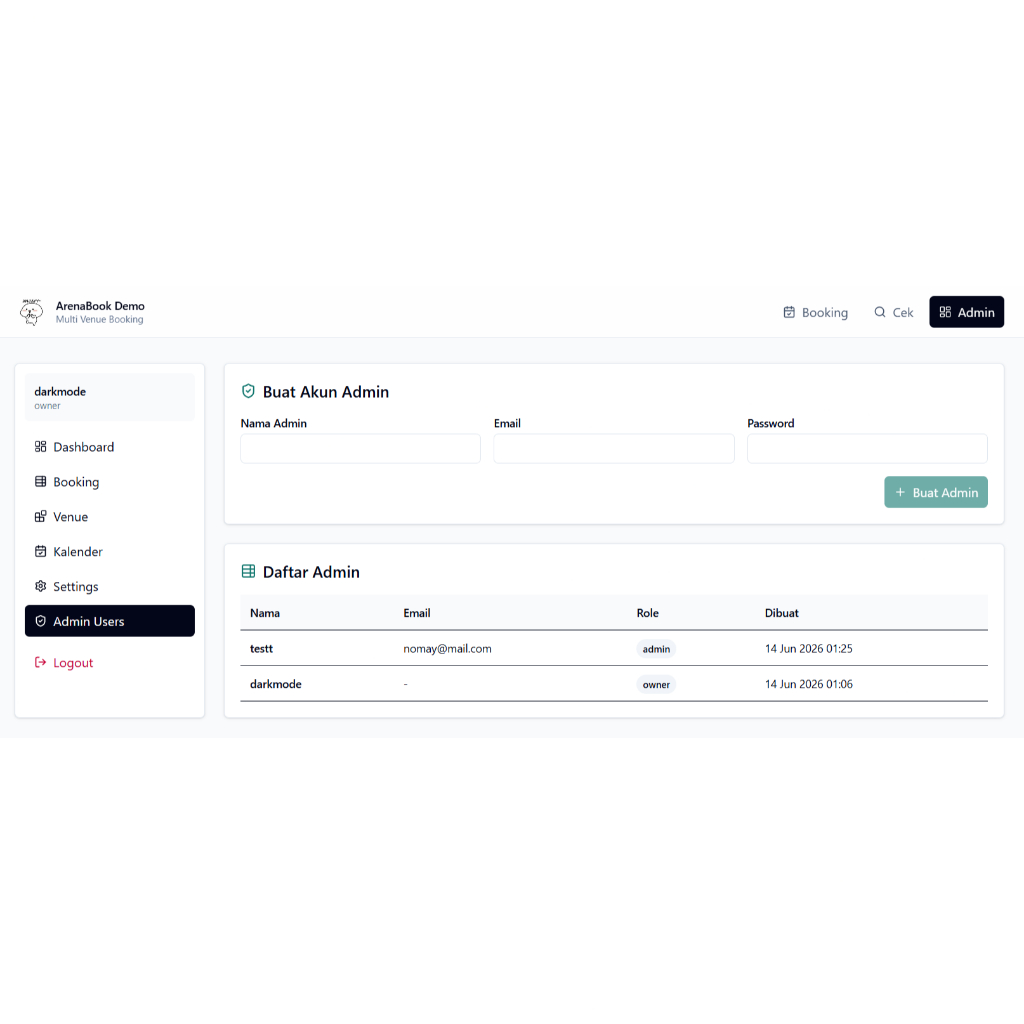 Sistem Booking Lapangan Futsal Badminton Billiard Mini Soccer Full Source Code React Supabase
