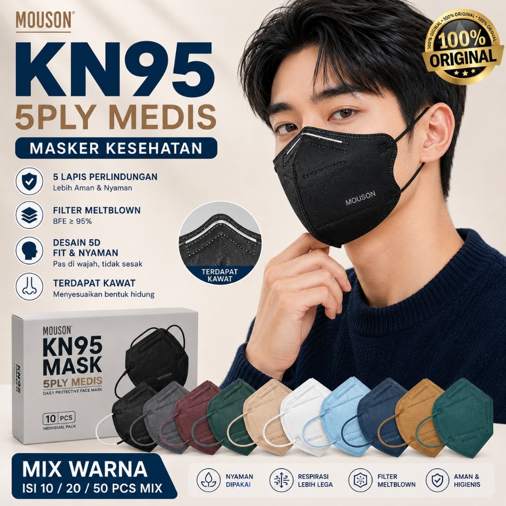 BELLA | MASKER KN95 MOUSON 5PLY MEDIS  isi 20 / 50 pcs | MASKER KN95 MEDIS MOUSON KN95 5PLY EMBOS MA