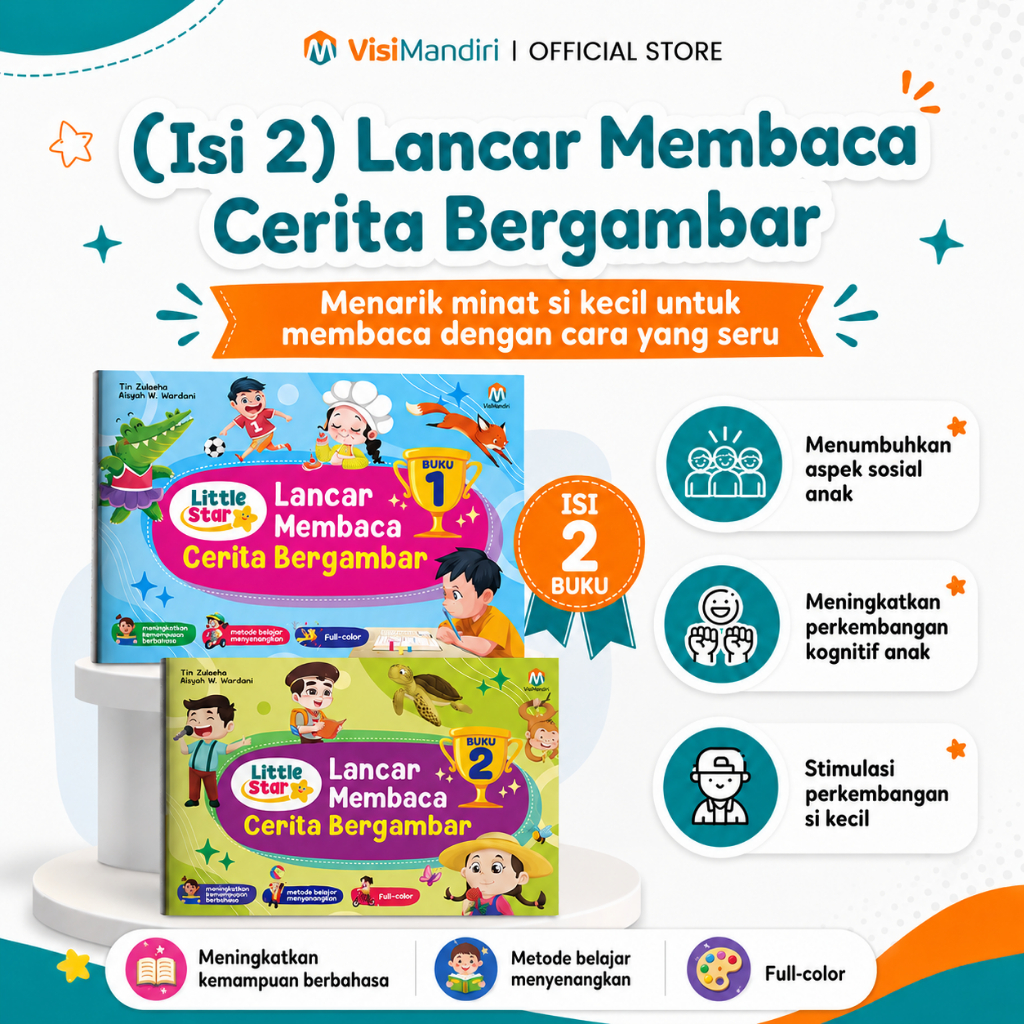 Visi Mandiri - (Isi 2 Buku) Lancar Membaca Cerita Bergambar - Buku Belajar Membaca Anak 3 4 5 6 Tahu