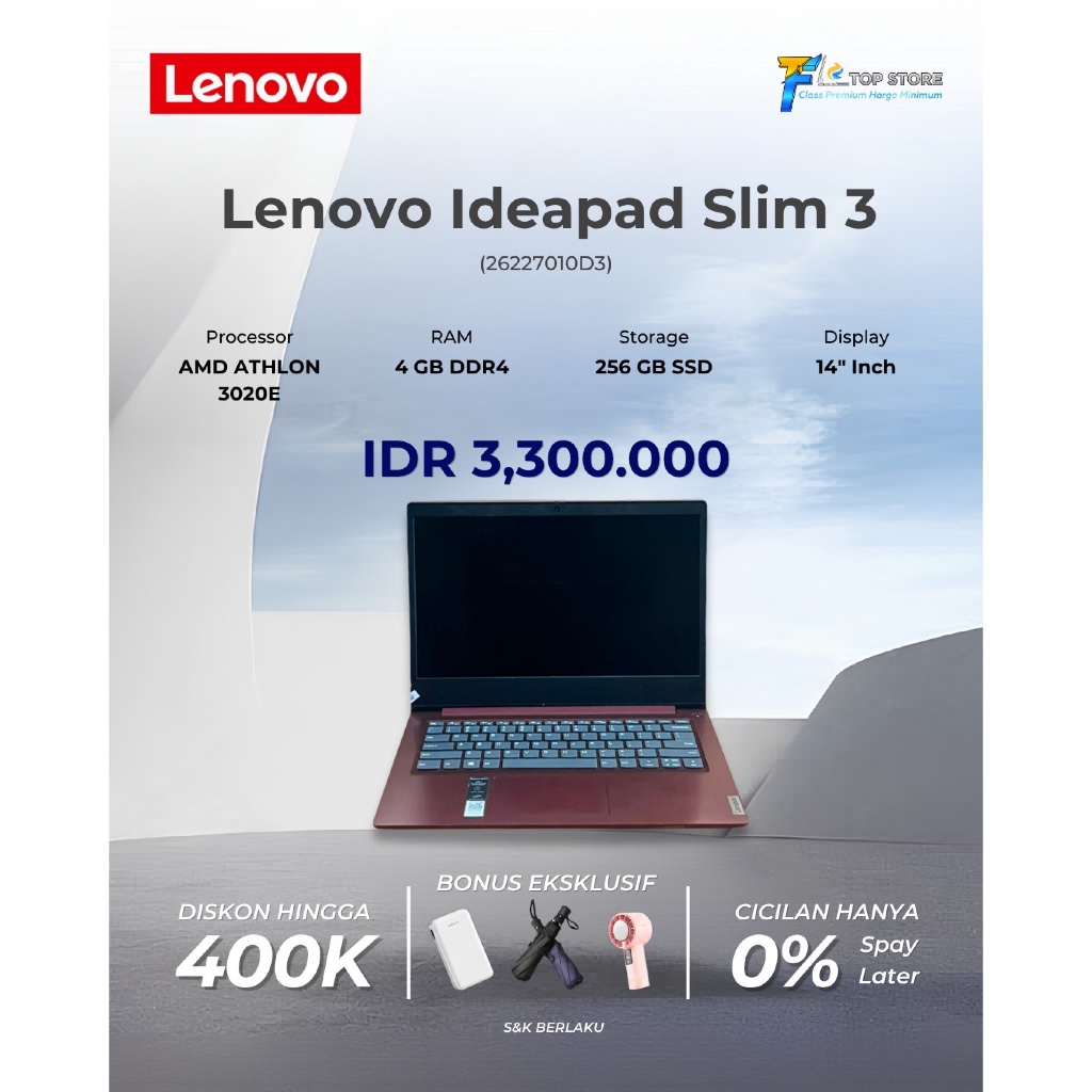 LAPTOP LENOVO IDEAPAD SLIM 3 RAM 4GB SSD 256GB AMD ATHLON 3020E