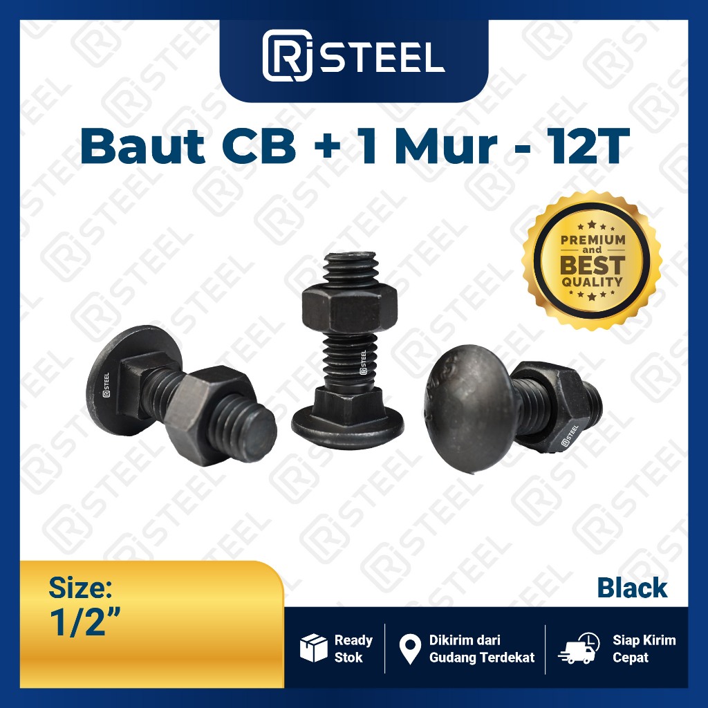 RJ Steel Carriage Bolt 12 MM / Baut CB/ Baut Payung Hitam