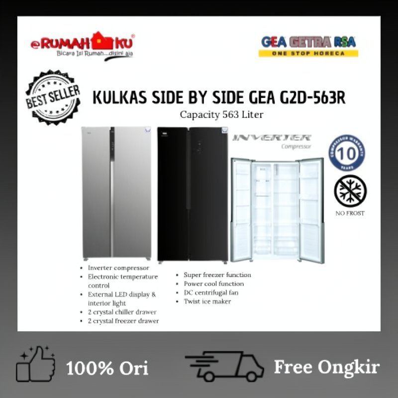 GEA KULKAS SIDE BY SIDE G2D-563R INOX NO FROST/GEA KULKAS KAPASITAS 563 LITER/GEA KULKAS INVERTER