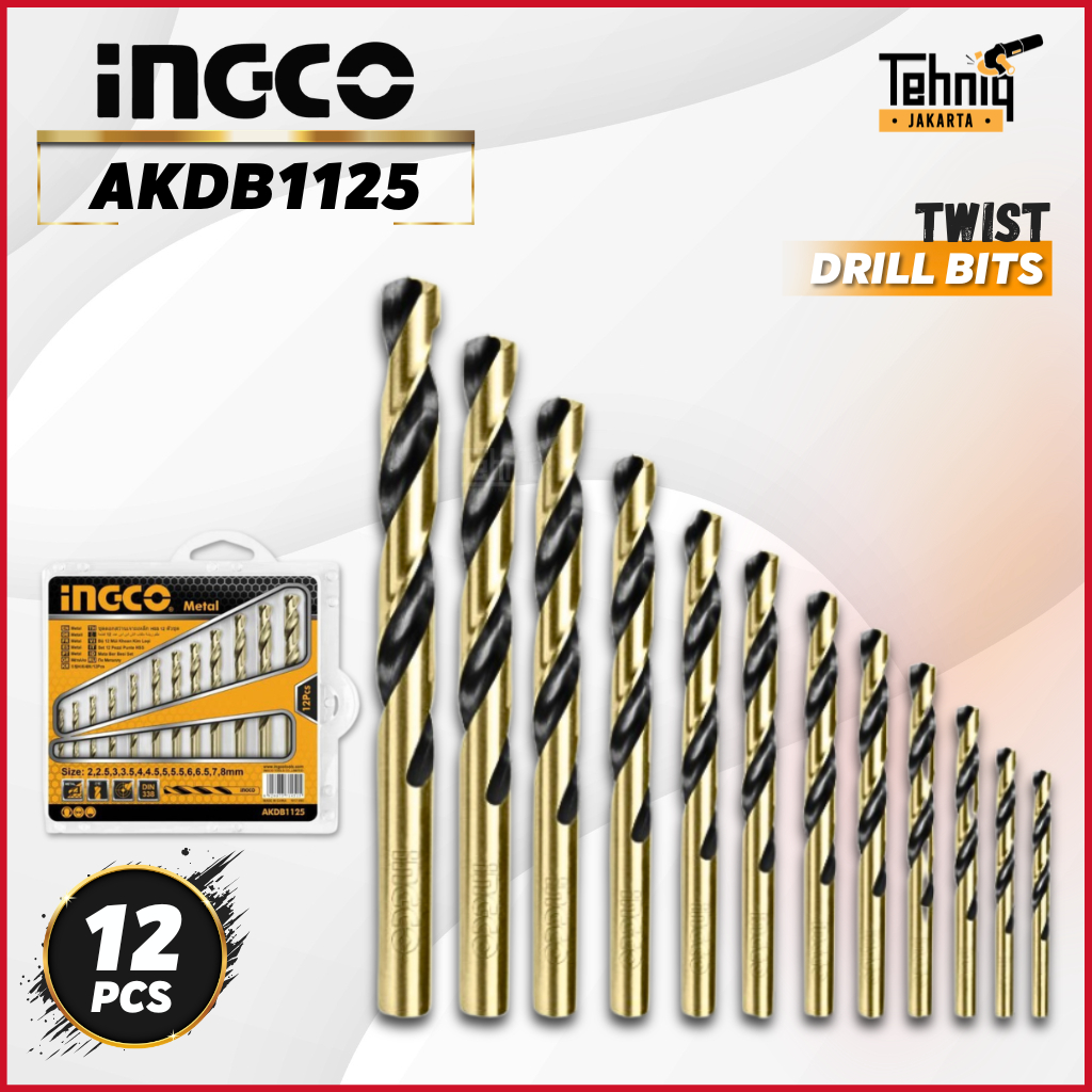 Ingco 12Pcs HSS Twist Drill Bits 2-8 mm AKDB1125 / Ingco AKDB1125 Mata Bor Besi Logam 12Pcs