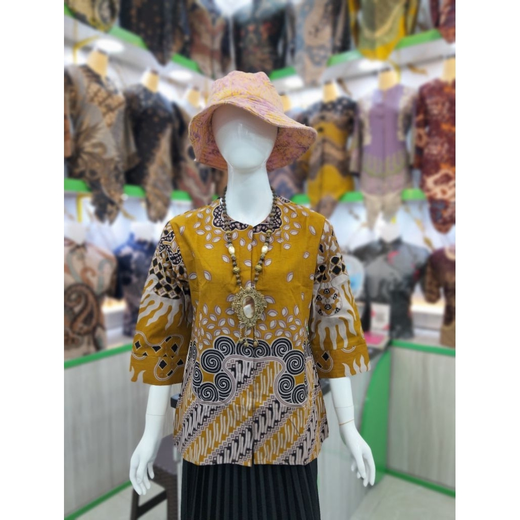 Blouse Batik Atasan Wanita Qistina batik Bahan katun motif Kuning Yellow model kancing depan sudah l