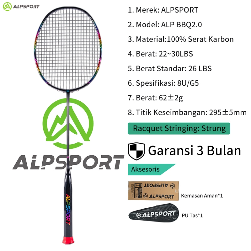 ALPSPORT BBQ2.0 Cincin Penyerap Guncangan Nilon + Bingkai Pelangi 8U G5 30Lbs Raket Bulutangkis Ofen