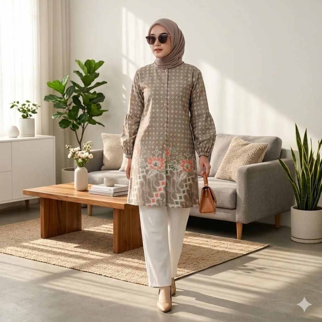 Terbaru Tunik Batik Wanita Modern Tunik Kancing Lengan Balon Atasan Batik Full Kancing Depan