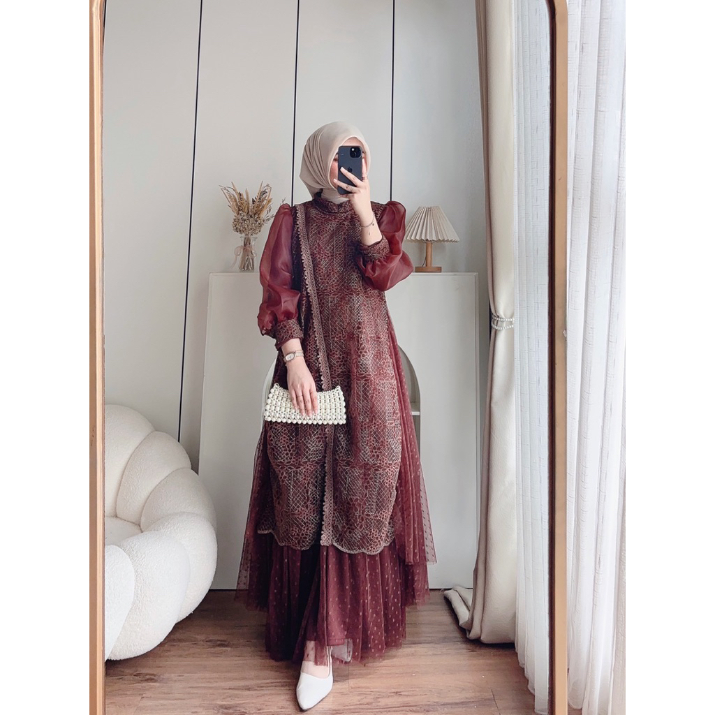CANDY LADY Arzella Flower Brocade Maxi / Gamis wanita Terbaru Dress kondangan Premium Bestseller