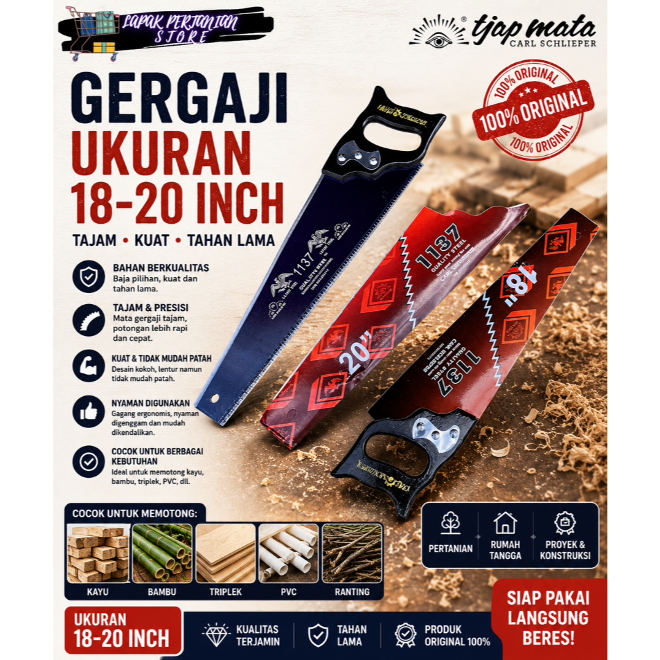 (IMPORT)Gergaji Kayu Super Tajam Cap Mata 18 Dan Kikir - Geregaji Potong Anti Selip -Kikir Merk Vipe