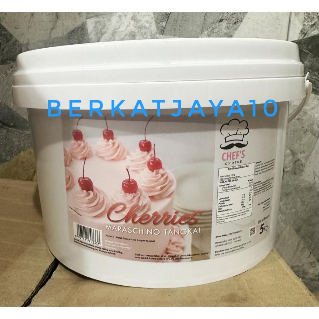 Buah Cherry Ceri Tangkai Merah CHEF'S CHOICE Pail Berat Bersih 5 Kg Red Maraschino Cherries With Ste