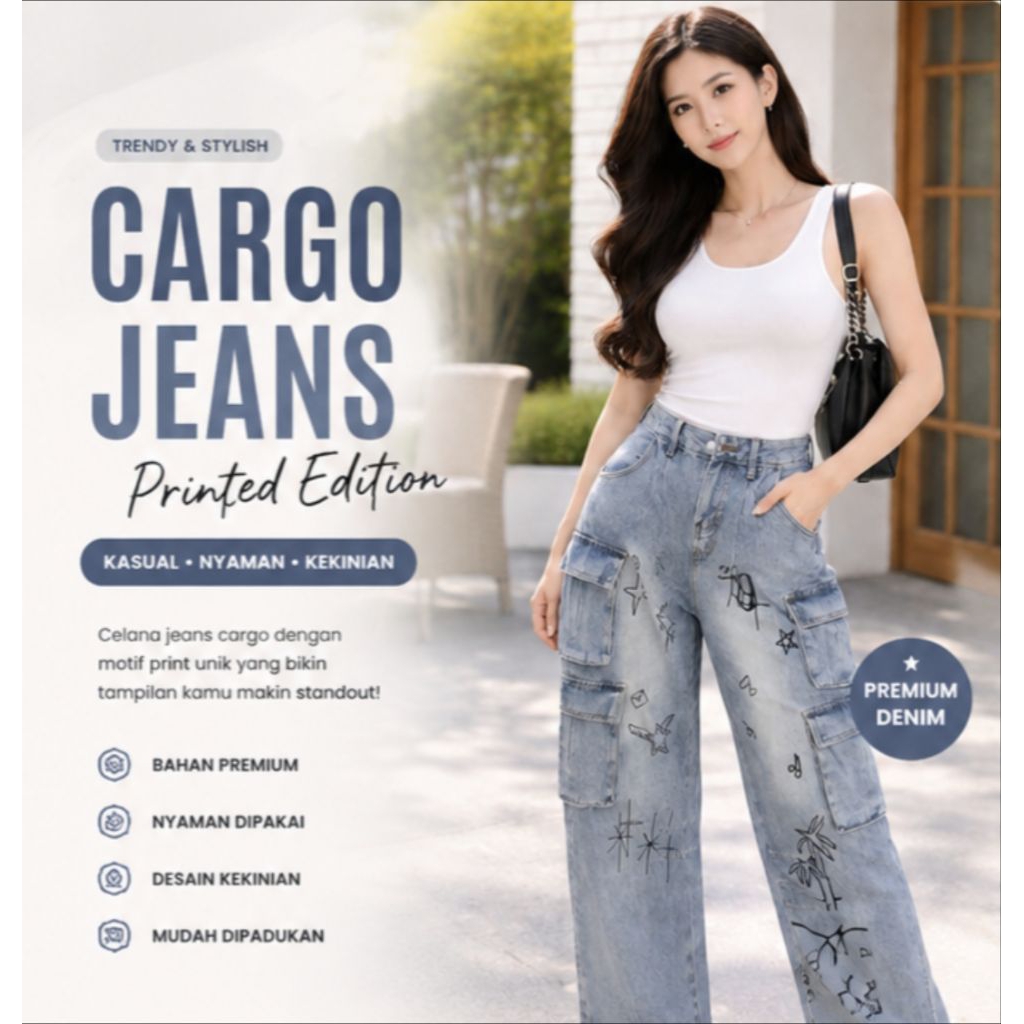 Celana Jeans Cargo Wanita Wide Leg Motif Grafiti – SHEIN
