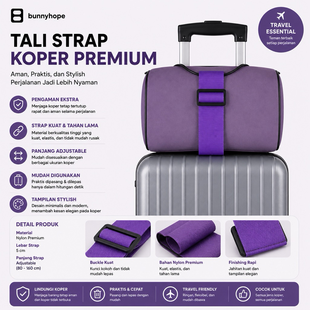 Tali Koper Elastis Luggage Strap Premium Strap Koper Traveling Adjustable Bunnyhope-Ungu Tua