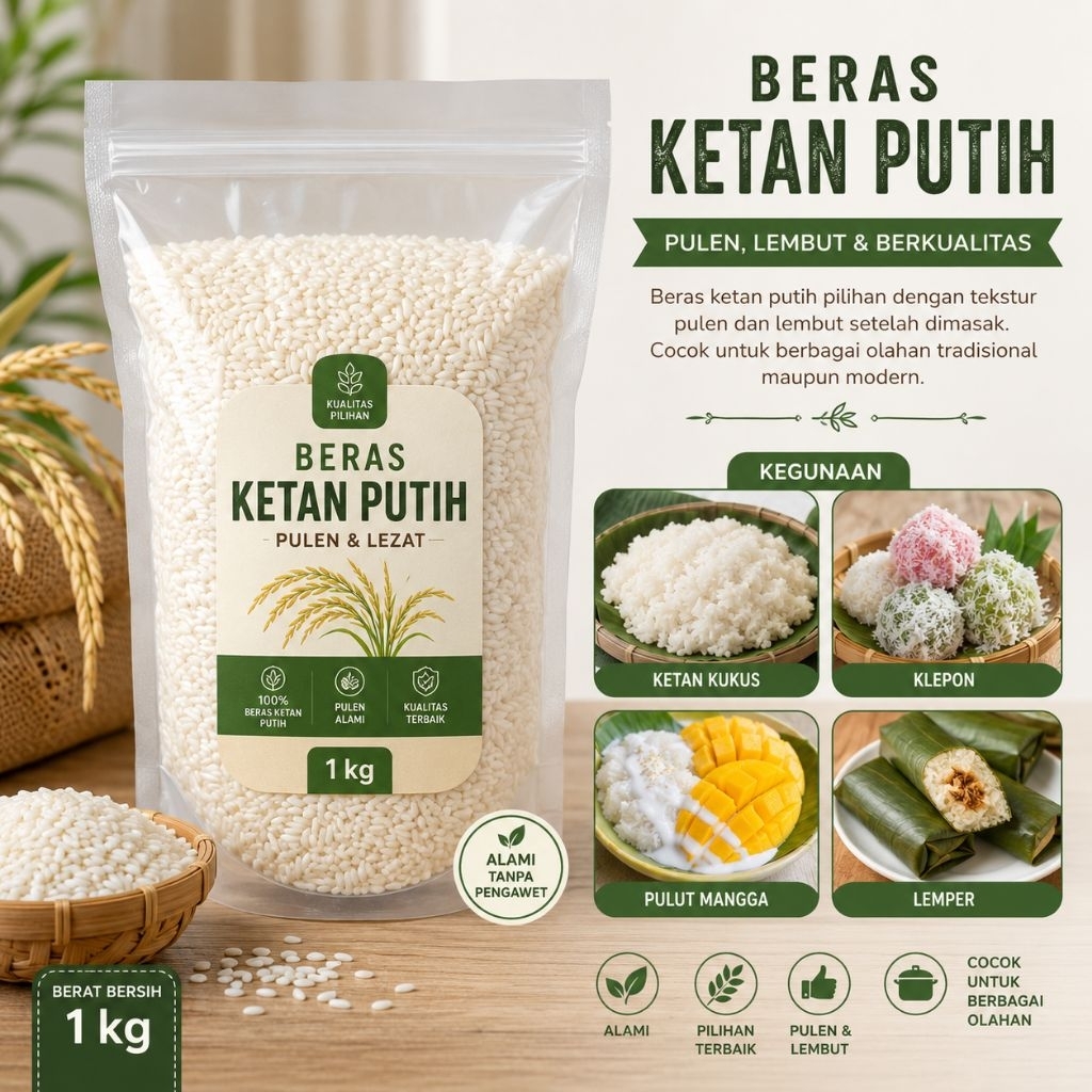 Beras Ketan Putih 1kg, Beras Ketan Asli Murni Kemasan 1kg Premium