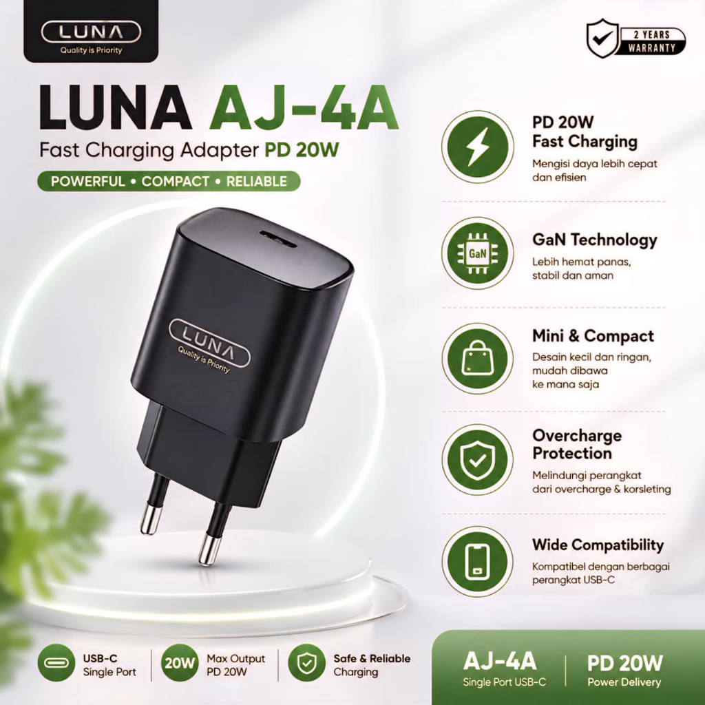 LUNA Kepala Charger Fast Charging 20W 25W PD QC 3.0 Android iPhone Original LUNA Series AJ