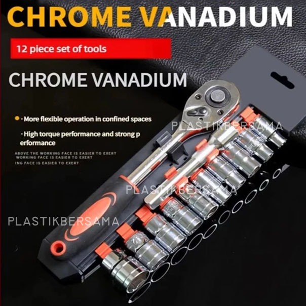 Socket Wrench SET - Ratchet Kunci Pas 12 pcs Kunci Set 1/2inci Socket Sok CR-V Multifungsi
