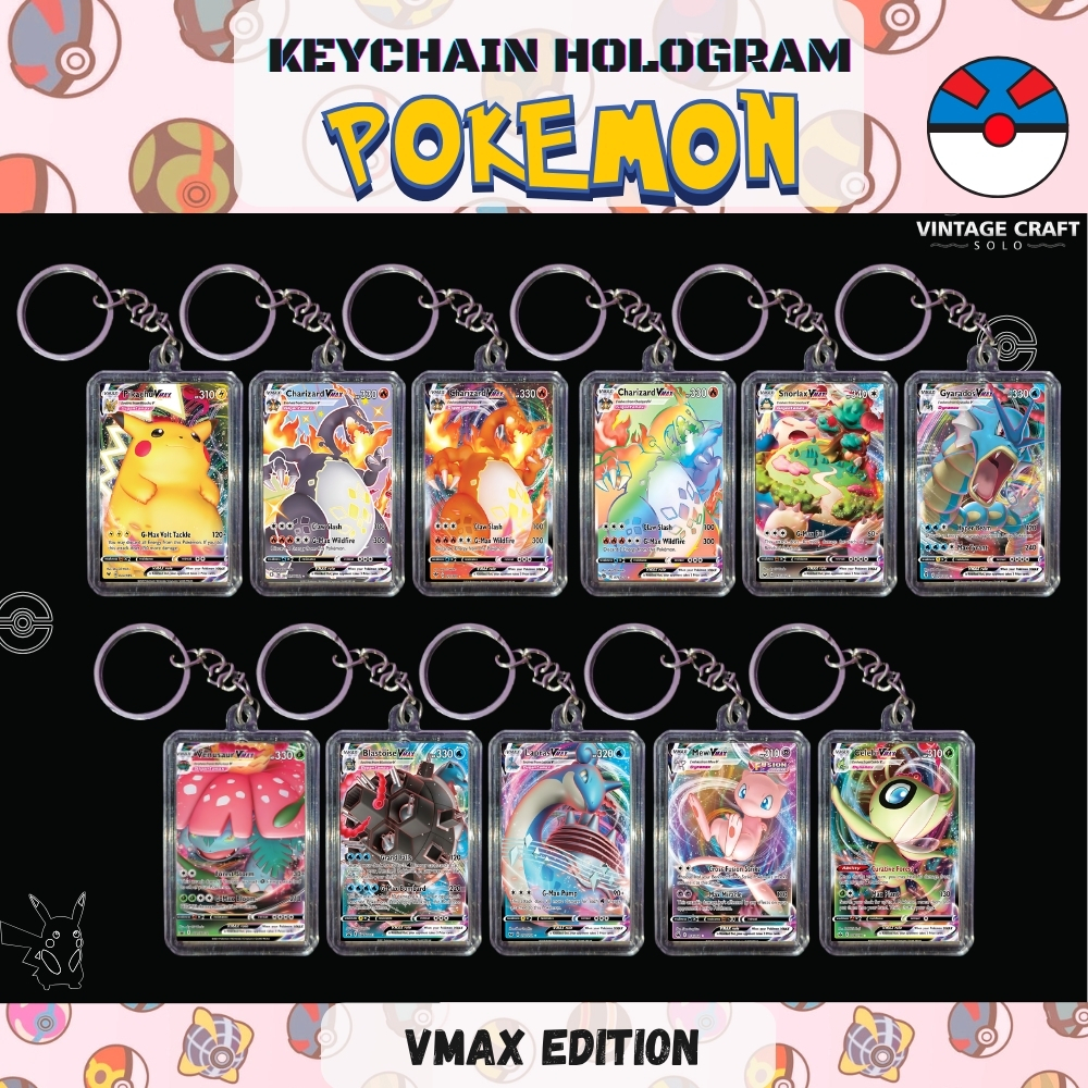 Gantungan kunci Keychain Card Pokemon Vmax Edition Hologram 2 Sisi - Charizard, Gengar, Pikachu, Mew