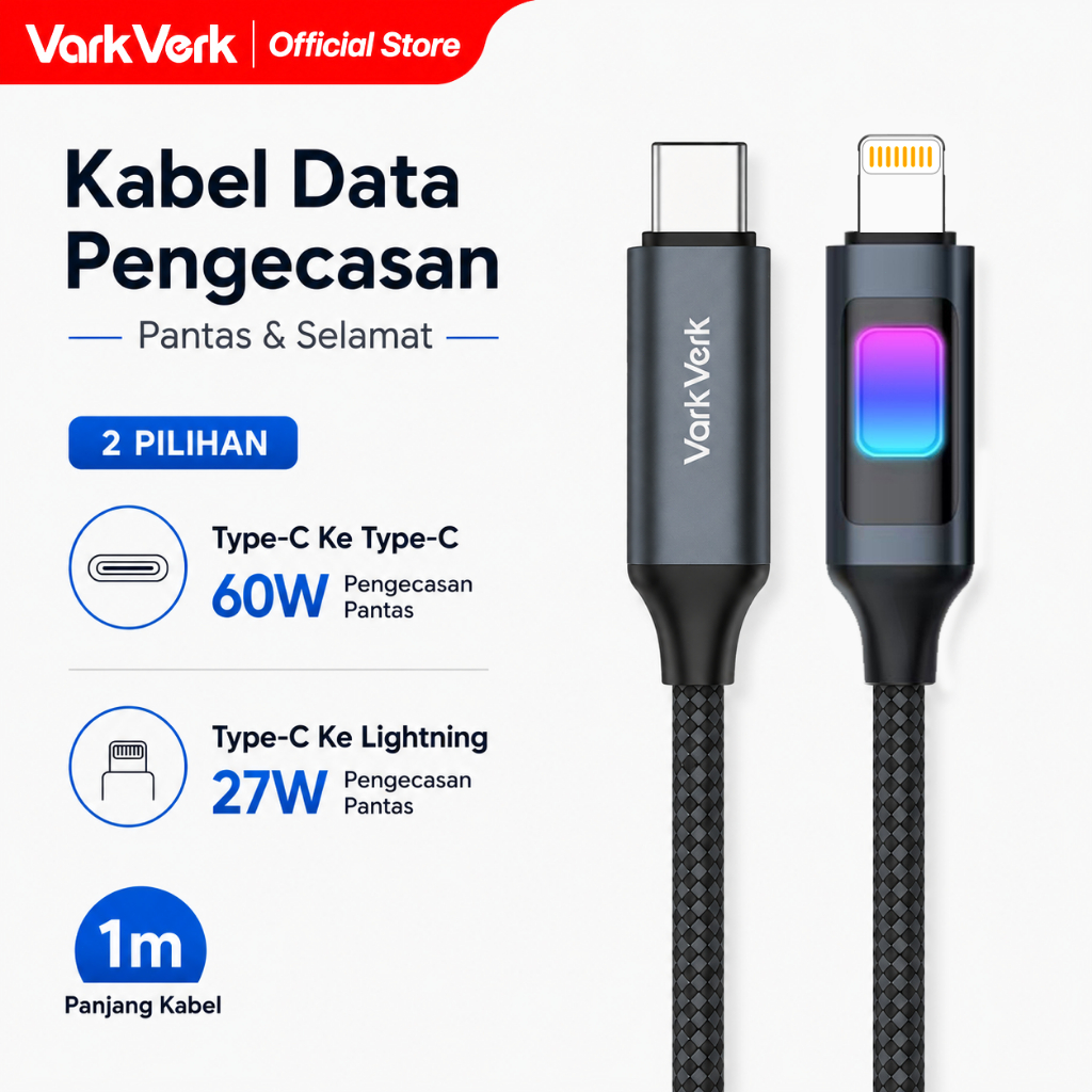 VarkVerk(C12)Gradien pelangi Type C 60W / Lightning 27W Kabel data Type C to Type C / Type C to Ligh