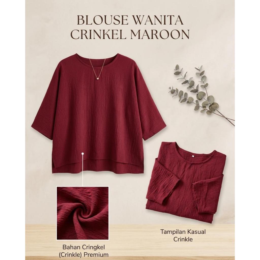 Blouse Wanita Crinkle Lengan Pendek Warna Maroon, Olivee. Blouse Murah Fit to L . New