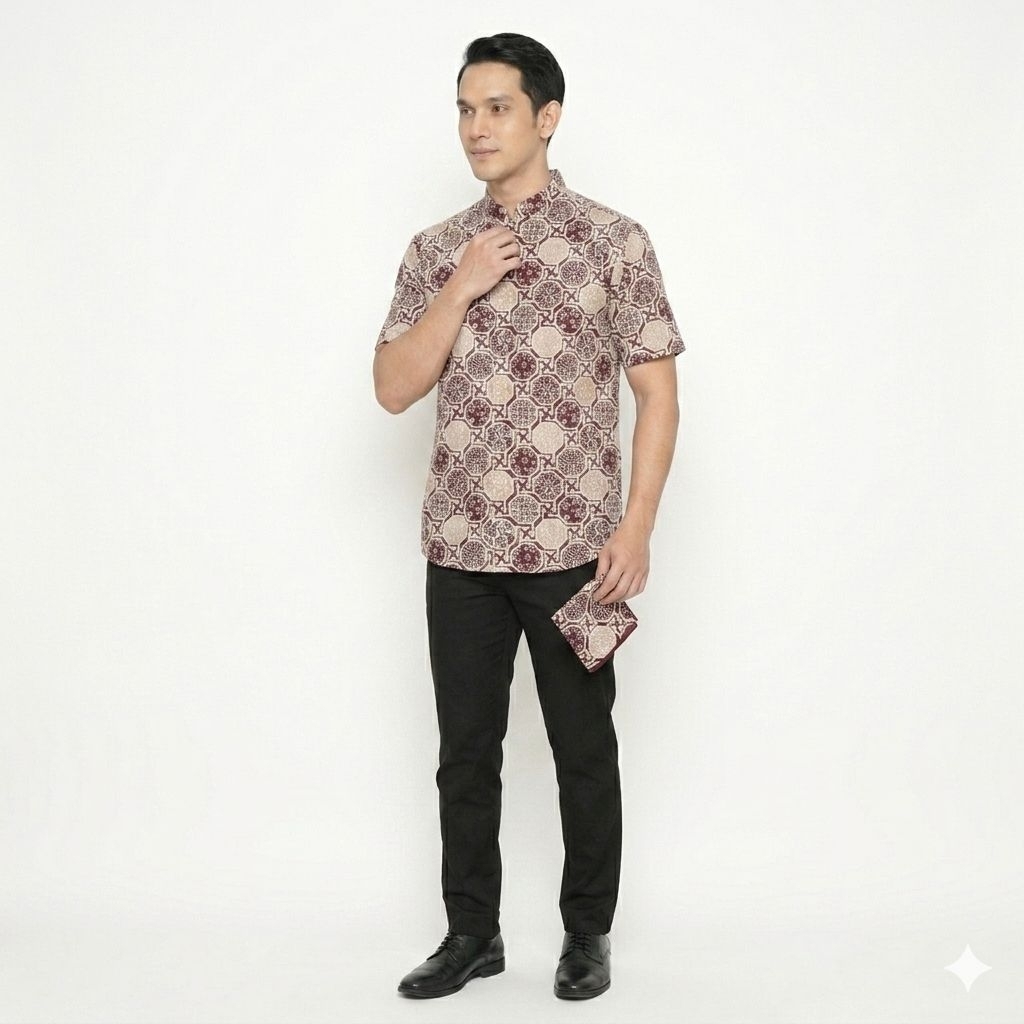 Baju Koko Batik Pria Lengan Pendek Bahan Katun Batik Cap Lapis Furing Dk106 Marun