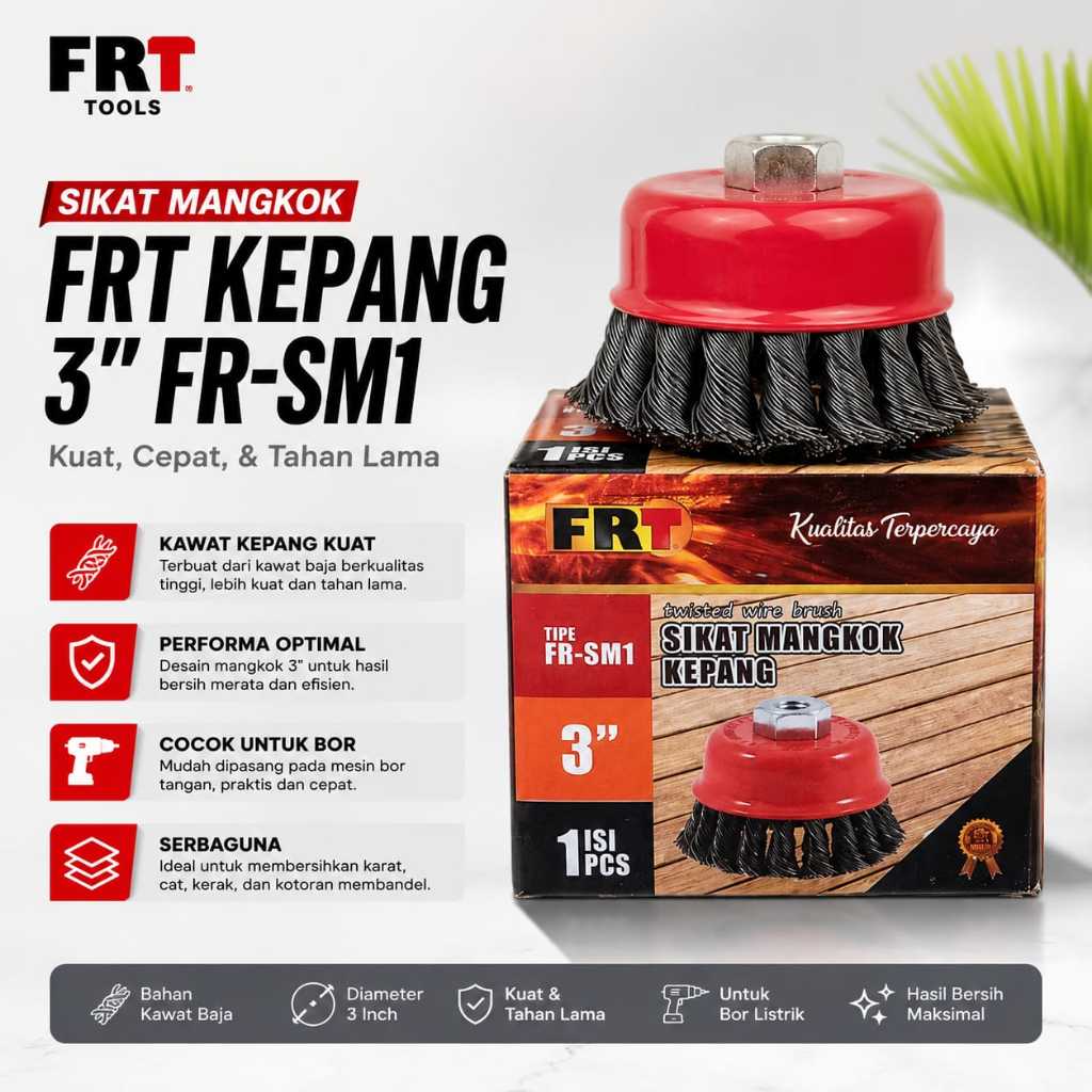 JUAL FRT Sikat Mangkok Kawat Kepang 3" Inch FR-SM1 Original Terbaru/Brush Cup Wire Baja Kepang Gerin