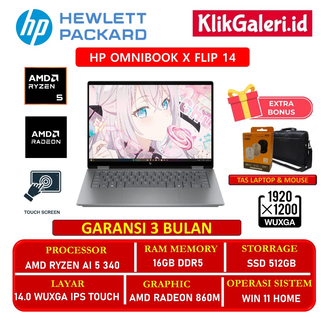 HP OmniBook X Flip 14" Touch Ryzen AI 5 340 16GB 512GB WUXGA IPS Win11 Meteor Silver EX DISPLAY Gara