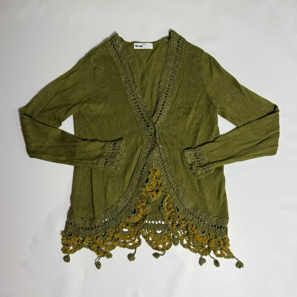 Ne-Net Green Glitter Crochet Lace Trim Mori Kei Knit Cardigan