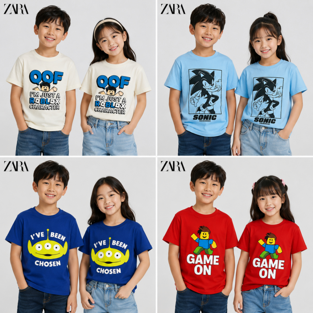 Atasan Kaos Anak Junior Kids - ZARA KIDS - Lengan Pendek / Short Sleeve - Motif Roblox / Sonic / Ali