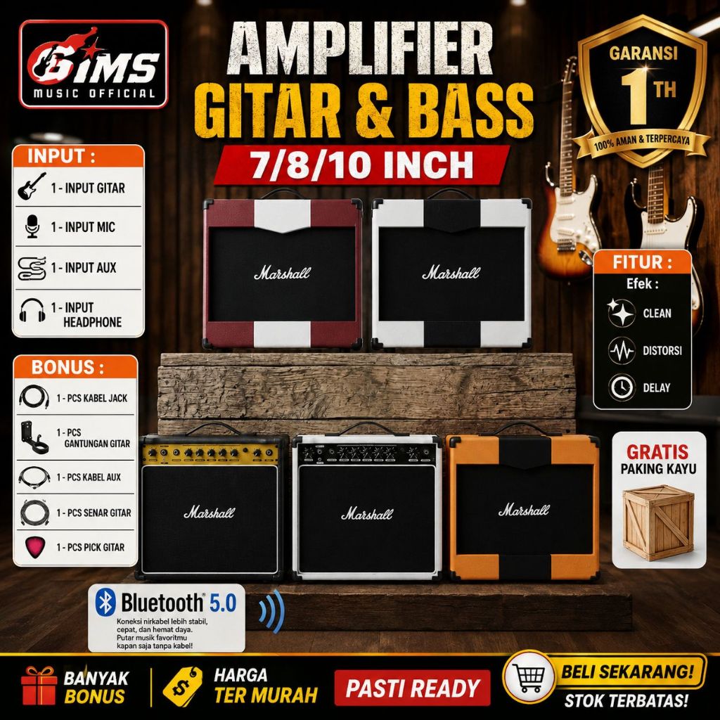 Ampli Gitar & Bass 8 Inch Bluetooth Bisa Untuk Karaoke 3 Input Ada Efek Distorsi Delay